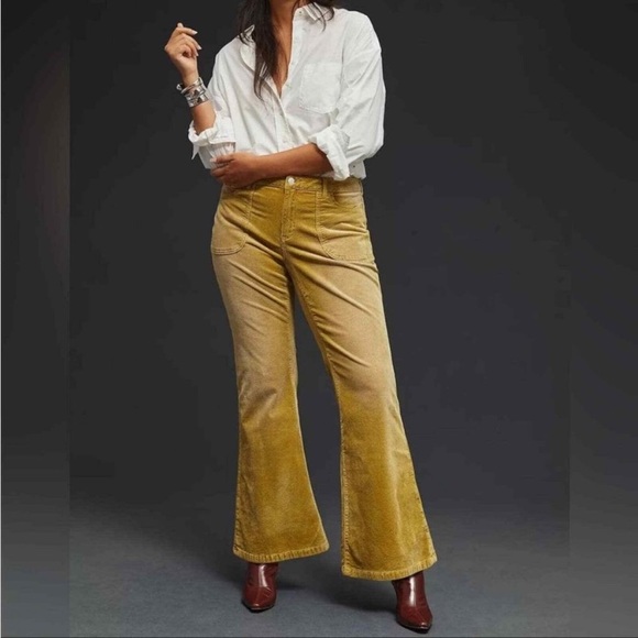 Anthropologie The Icon Flare Corduroy Jeans 34 Chartreuse NWT Retro Flared Pants - Picture 1 of 16